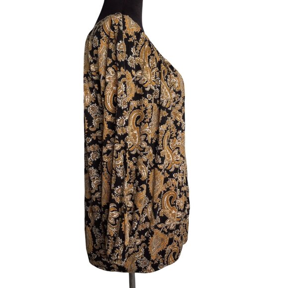Michael Kors Size L Blouse Womens Paisley Print Black Orange Peasant Top - Picture 4 of 6
